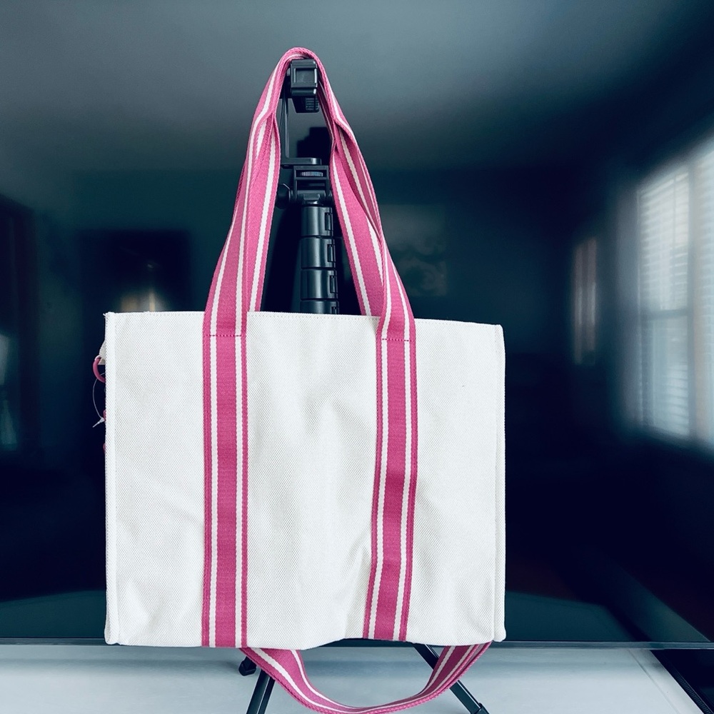 Victoria's Secret PINK Crossbody LARGE SIZE Canvas Tote Bag CREAM & PINK ALL NEW - Picture 6 of 7